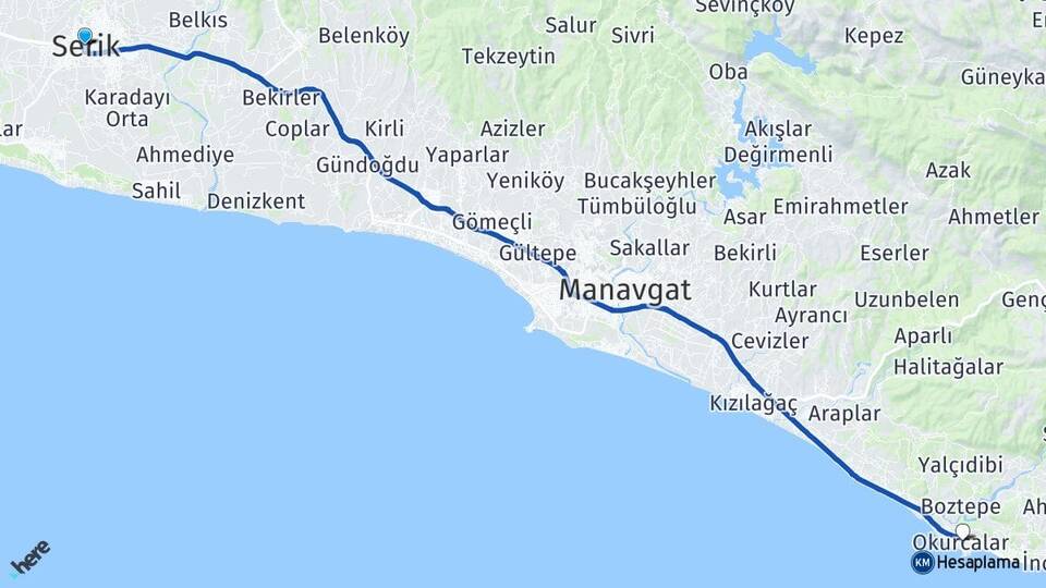 Antalya Serik Okurcalar Alanya Arası Kaç Km - Yol Haritası