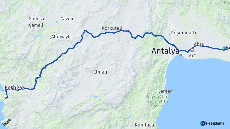 Antalya Serik Ölüdeniz Fethiye Muğla Arası Kaç Km - Yol Haritası