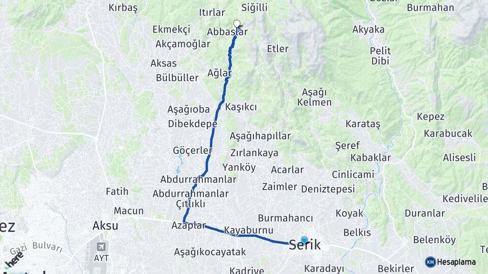 Antalya Serik Yumaklar Serik Arası Kaç Km - Yol Haritası