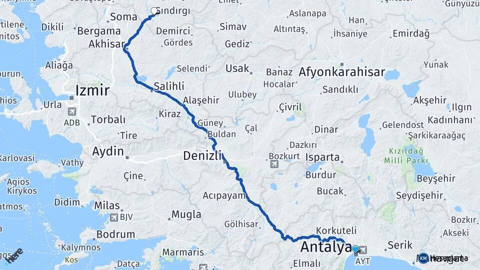 Antalya Sındırgı Balıkesir Arası Kaç Km - Yol Haritası