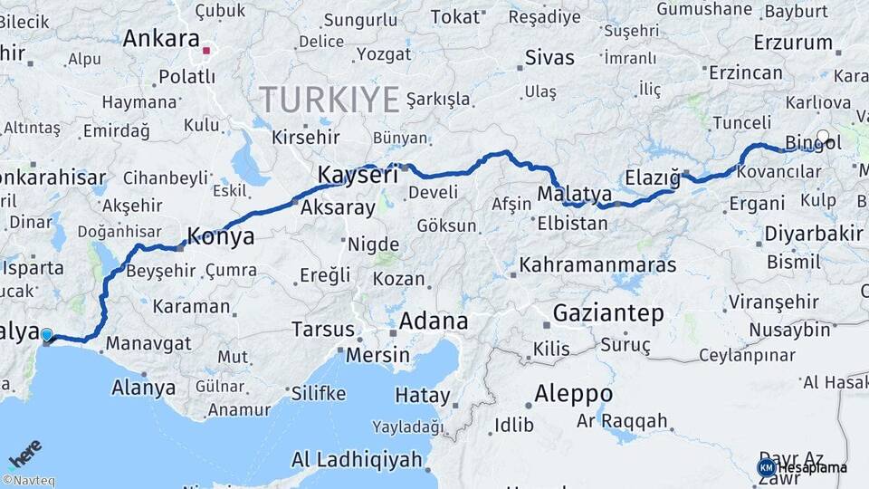 Antalya Solhan Bingöl Arası Kaç Km - Yol Haritası