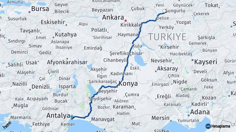 Antalya Sungurlu Çorum Arası Kaç Km - Yol Haritası