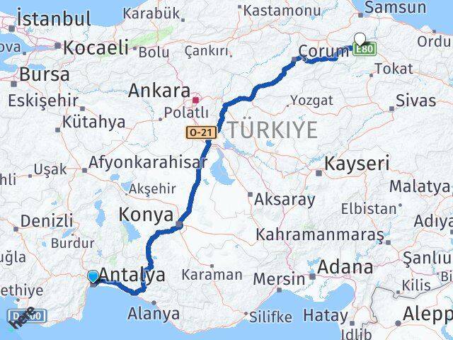 Antalya Taşova Amasya Arası Kaç Km - Yol Haritası
