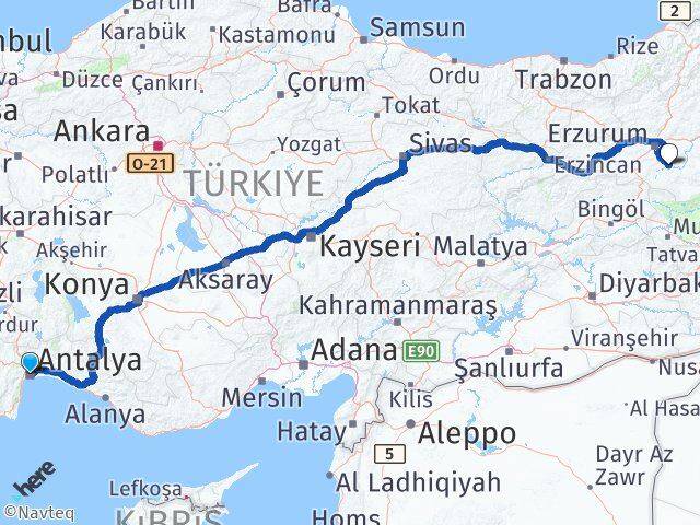 Antalya Tekman Erzurum Arası Kaç Km - Yol Haritası