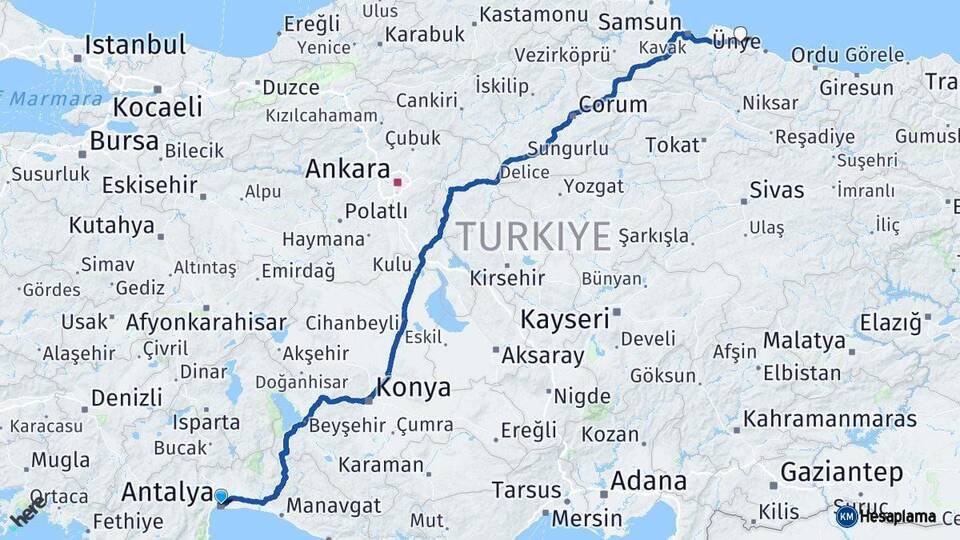 Antalya Terme Samsun Arası Kaç Km - Yol Haritası