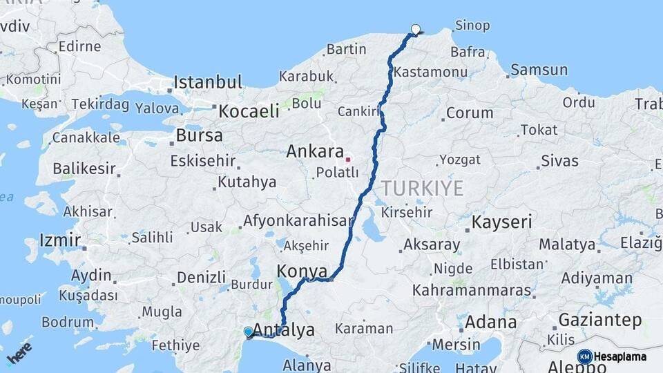 Antalya Türkeli Sinop Arası Kaç Km - Yol Haritası