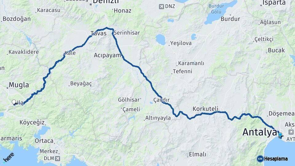 Antalya Ula Muğla Arası Kaç Km - Yol Haritası