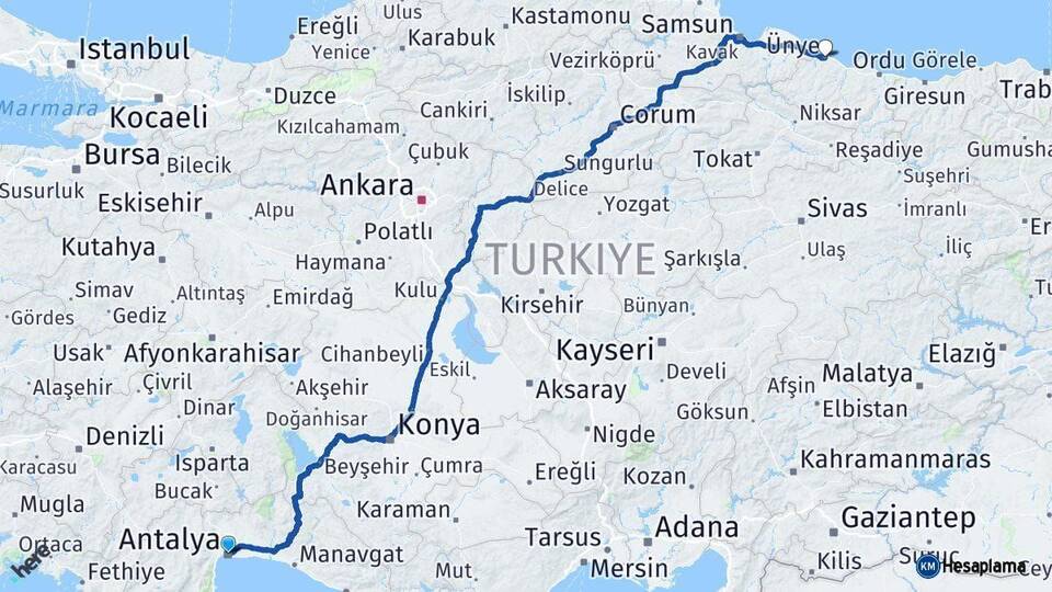 Antalya Ünye Ordu Arası Kaç Km - Yol Haritası