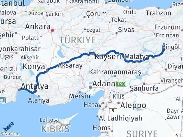 Antalya Yayladere Bingöl Arası Kaç Km - Yol Haritası