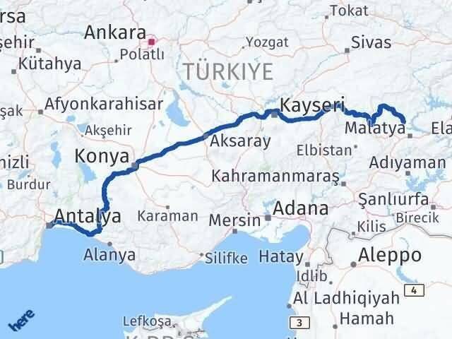 Antalya Yazıhan Malatya Arası Kaç Km - Yol Haritası