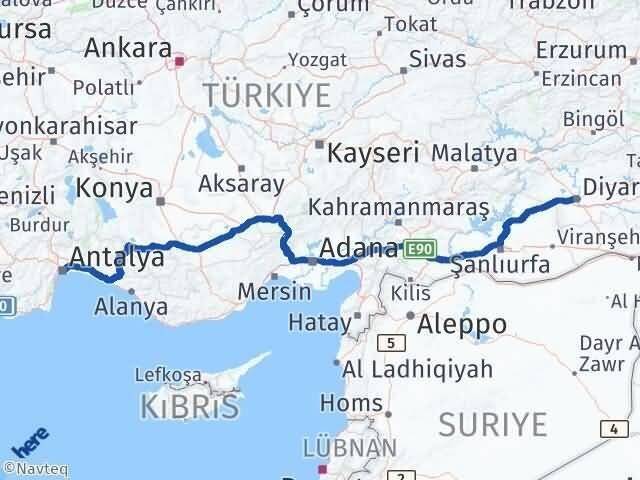 Antalya Yenişehir Diyarbakır Arası Kaç Km - Yol Haritası