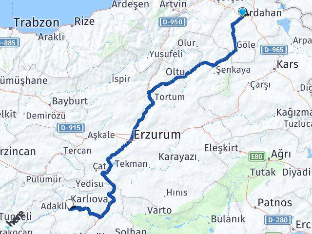 Ardahan Adaklı Bingöl Arası Kaç Km - Yol Haritası