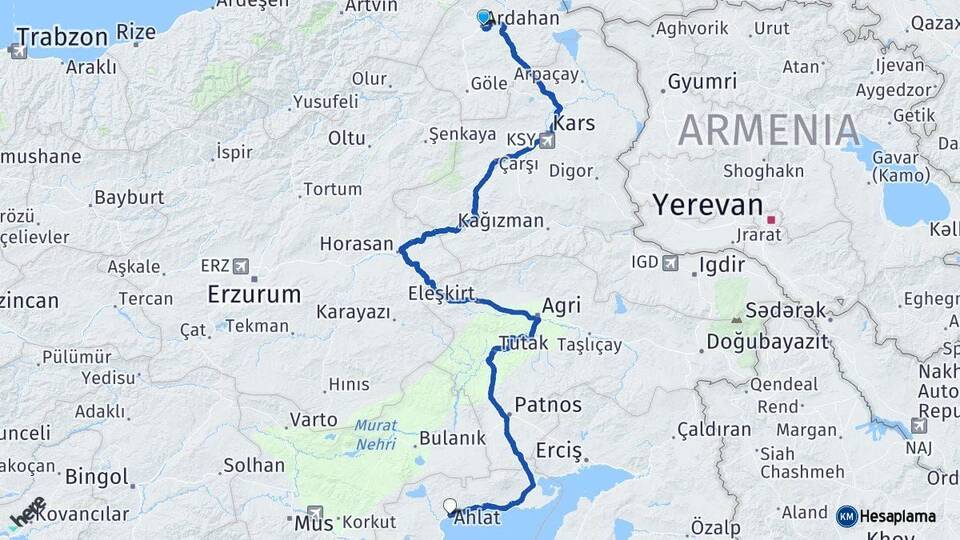 Ardahan Ahlat Bitlis Arası Kaç Km - Yol Haritası