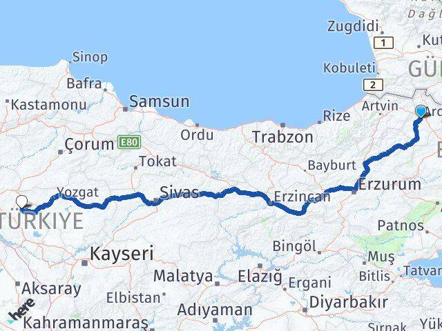 Ardahan Akçakent Kırşehir Arası Kaç Km - Yol Haritası