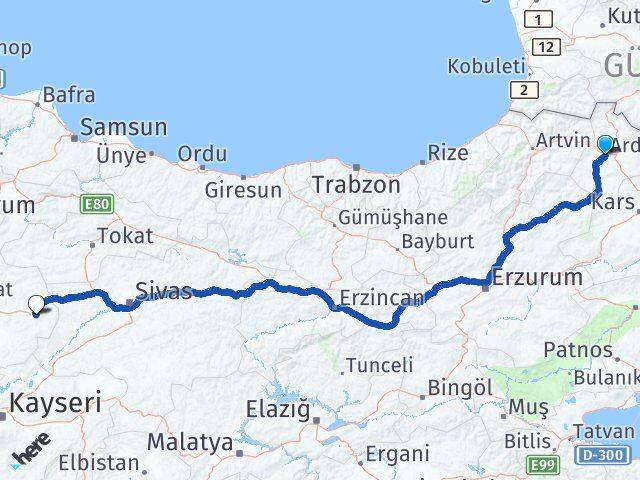 Ardahan Akdağmadeni Yozgat Arası Kaç Km - Yol Haritası
