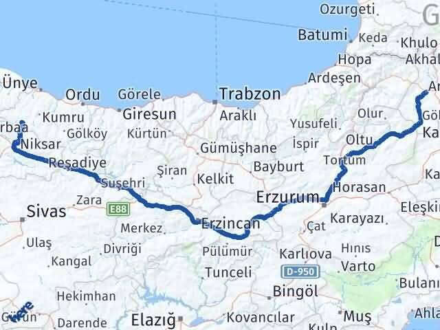 Ardahan Akkuş Ordu Arası Kaç Km - Yol Haritası