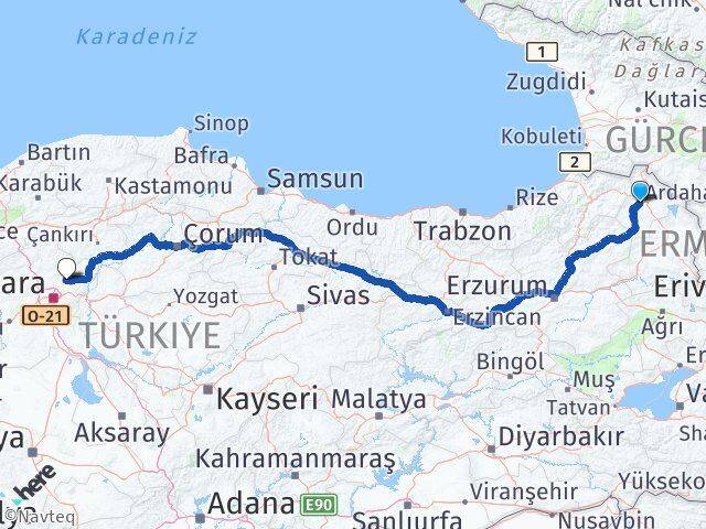 Ardahan Akyurt Ankara Arası Kaç Km - Yol Haritası