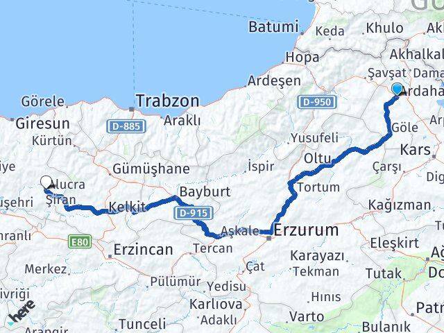 Ardahan Alucra Giresun Arası Kaç Km - Yol Haritası