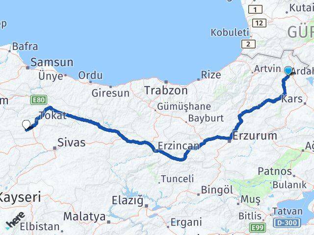 Ardahan Artova Tokat Arası Kaç Km - Yol Haritası