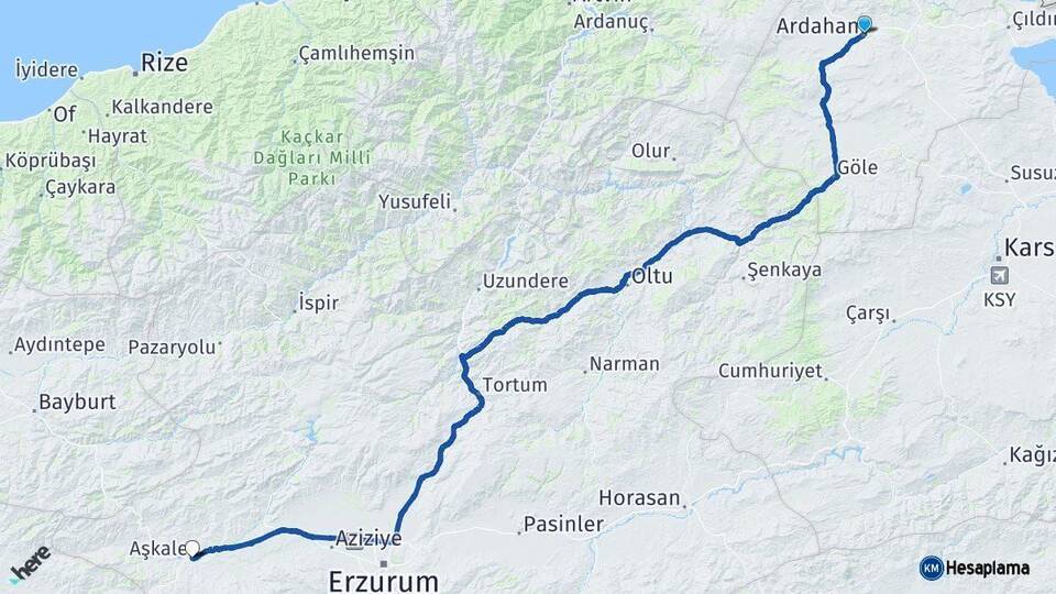 Ardahan Aşkale Erzurum Arası Kaç Km - Yol Haritası