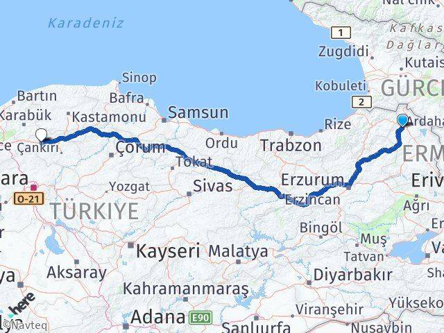 Ardahan Atkaracalar Çankırı Arası Kaç Km - Yol Haritası