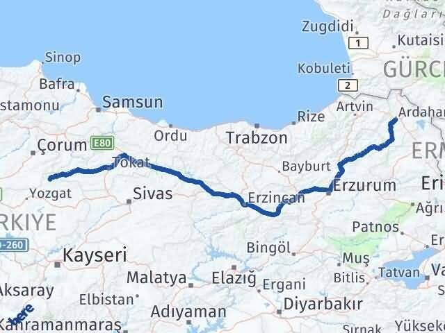 Ardahan Aydıncık Yozgat Arası Kaç Km - Yol Haritası