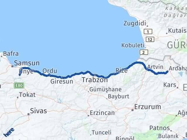 Ardahan Ayvacık Samsun Arası Kaç Km - Yol Haritası