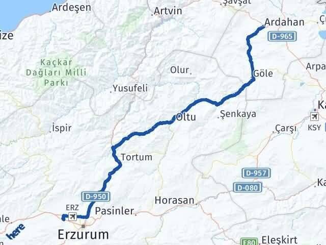 Ardahan Aziziye Erzurum Arası Kaç Km - Yol Haritası