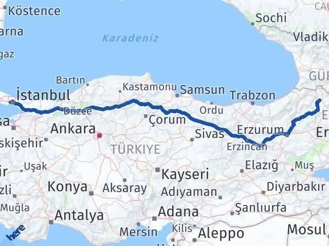 Ardahan Bağcılar İstanbul Arası Kaç Km - Yol Haritası
