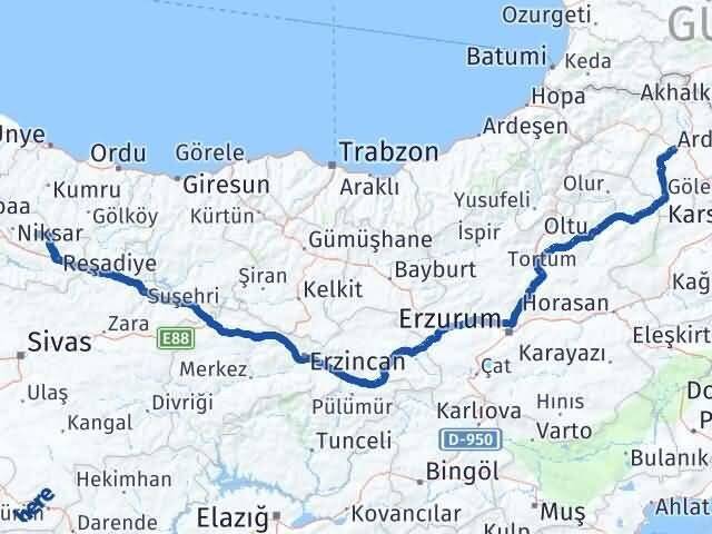 Ardahan Başçiftlik Tokat Arası Kaç Km - Yol Haritası