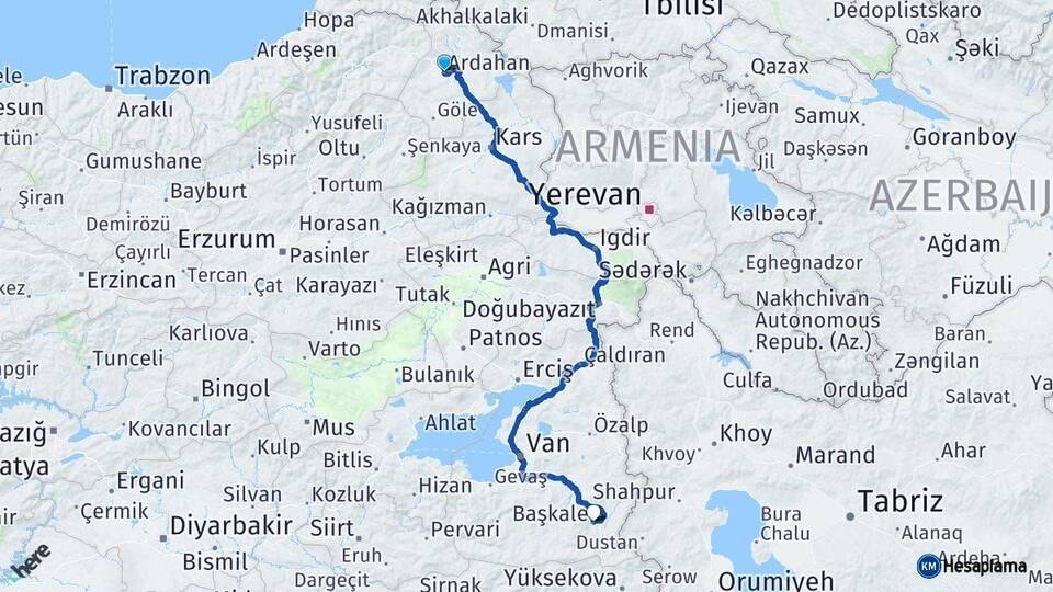 Ardahan Başkale Van Arası Kaç Km - Yol Haritası