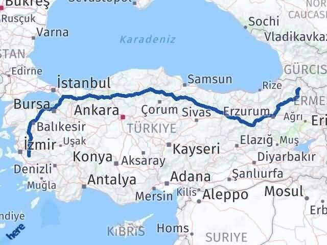 Ardahan Bayındır İzmir Arası Kaç Km - Yol Haritası