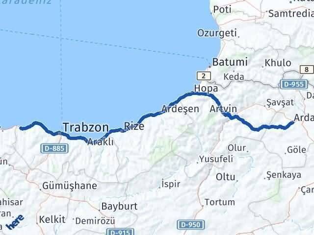 Ardahan Beşikdüzü Trabzon Arası Kaç Km - Yol Haritası