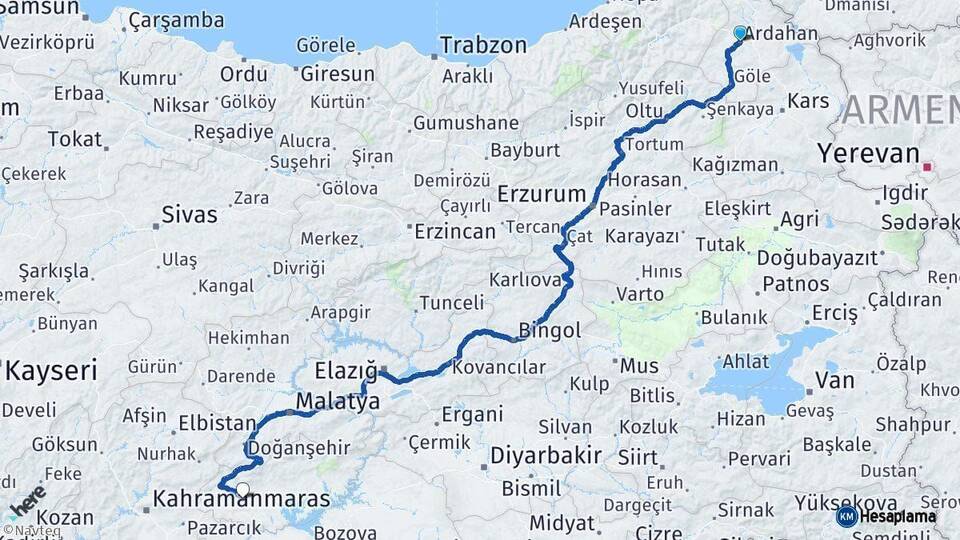 Ardahan Besni Adıyaman Arası Kaç Km - Yol Haritası