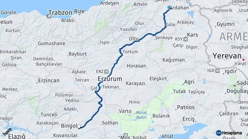 Ardahan Bingöl Arası Kaç Km - Yol Haritası