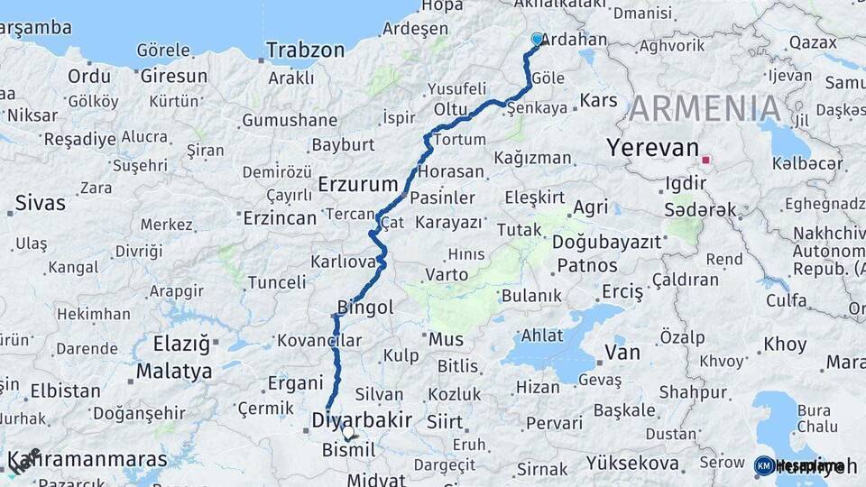 Ardahan Bismil Diyarbakır Arası Kaç Km - Yol Haritası