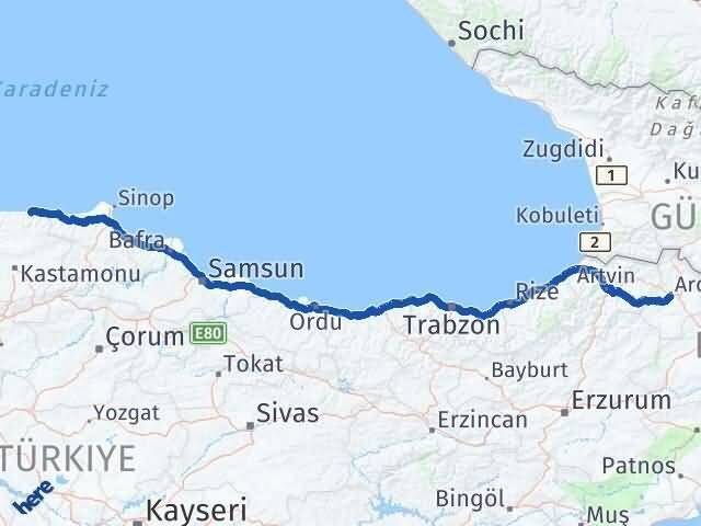 Ardahan Bozkurt Kastamonu Arası Kaç Km - Yol Haritası