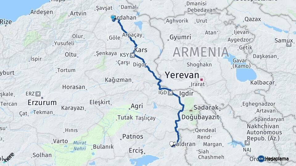 Ardahan Çaldıran Van Arası Kaç Km - Yol Haritası
