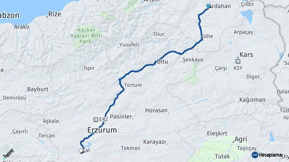 Ardahan Çat Erzurum Arası Kaç Km - Yol Haritası