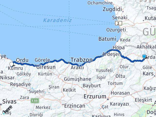 Ardahan Çatalpınar Ordu Arası Kaç Km - Yol Haritası