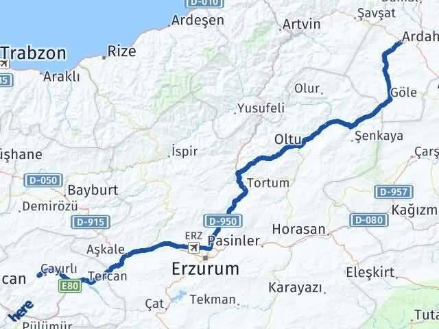 Ardahan Çayırlı Erzincan Arası Kaç Km - Yol Haritası