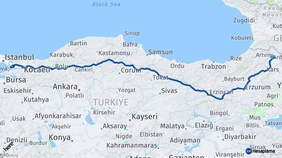 Ardahan Çayırova Kocaeli Arası Kaç Km - Yol Haritası