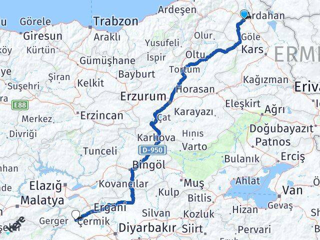 Ardahan Çermik Diyarbakır Arası Kaç Km - Yol Haritası