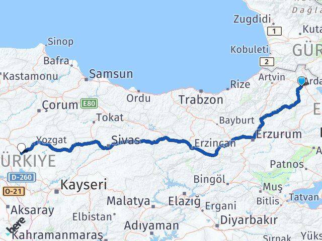 Ardahan Çiçekdağı Kırşehir Arası Kaç Km - Yol Haritası