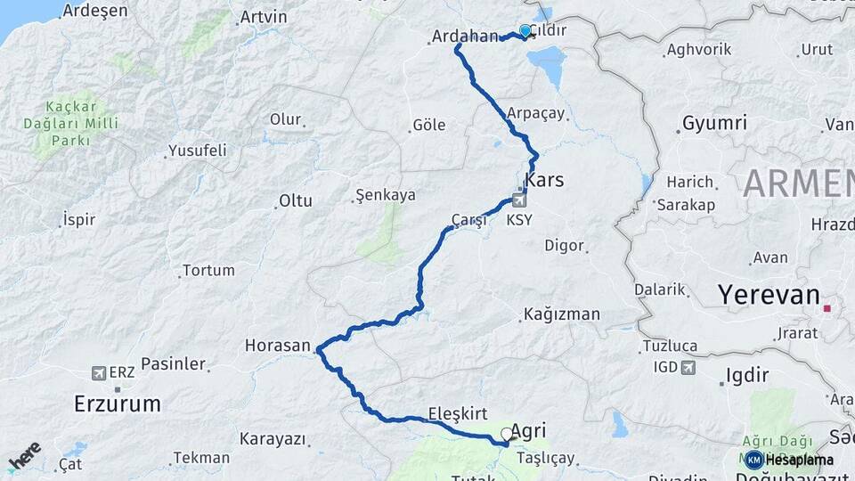 Ardahan Çıldır Ağrı Arası Kaç Km - Yol Haritası