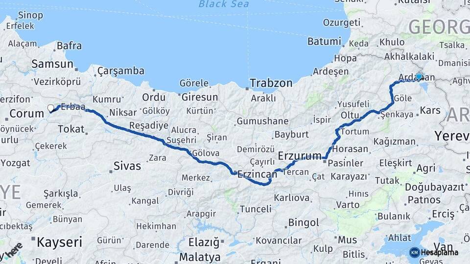 Ardahan Çıldır Amasya Arası Kaç Km - Yol Haritası