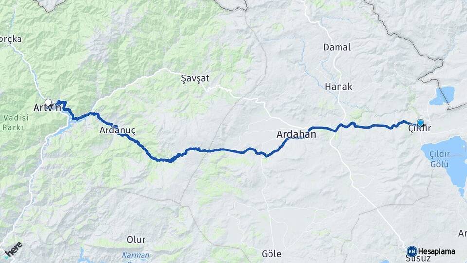Ardahan Çıldır Artvin Arası Kaç Km - Yol Haritası