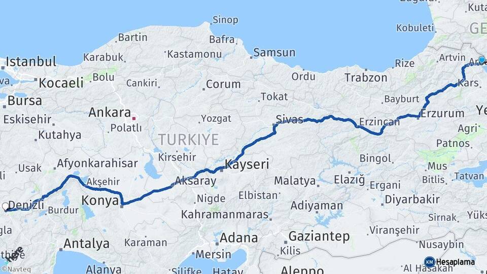 Ardahan Çıldır Denizli Arası Kaç Km - Yol Haritası