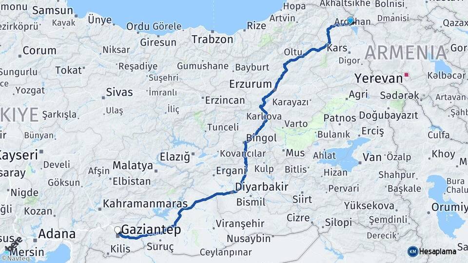 Ardahan Çıldır Gaziantep Arası Kaç Km - Yol Haritası