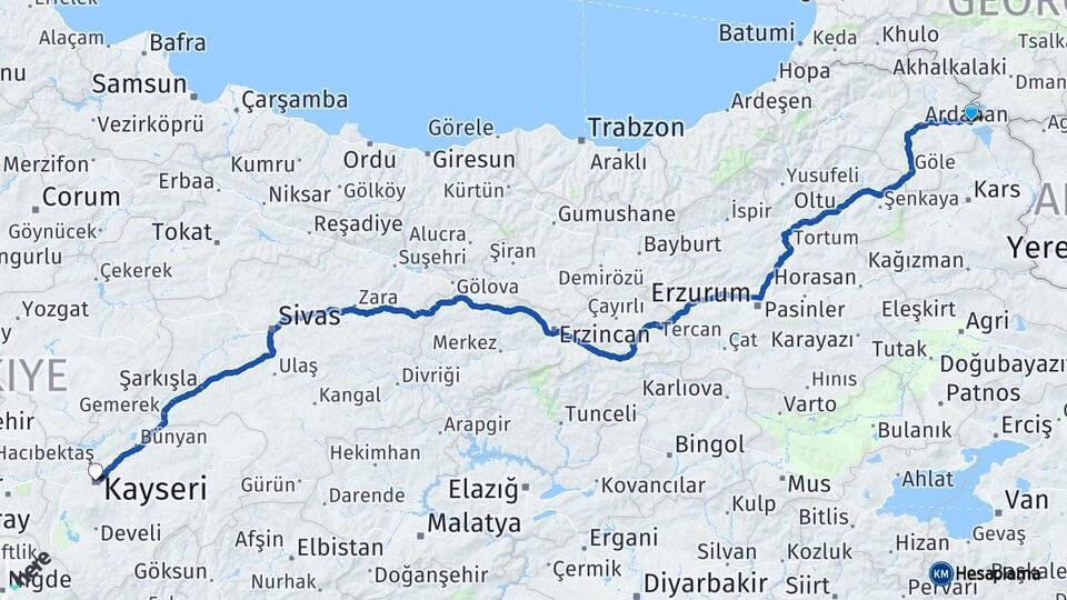 Ardahan Çıldır Kayseri Arası Kaç Km - Yol Haritası